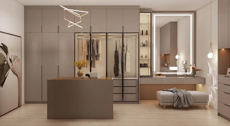 Elegant-golden-u-shaped-walk-in-closet-with-glass-doors
