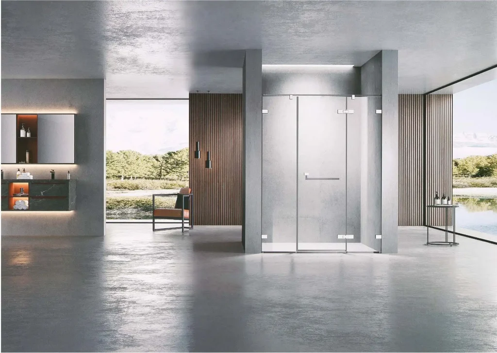 Sleek-modern-glass-shower-enclosure-in-a-stylish-bathroom-with-minimalistic-decor