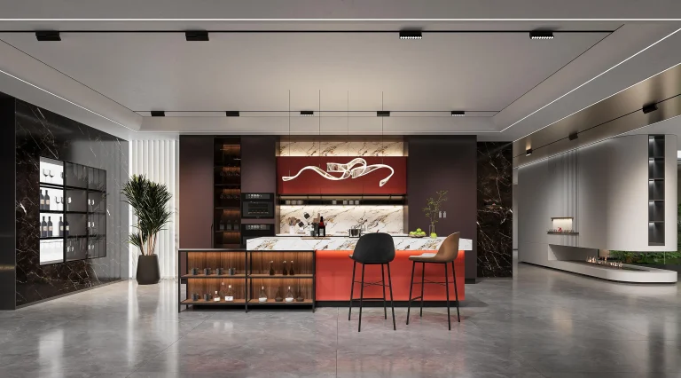 contemporary kitchen cabinets with marble countertops and island, modern lighting design and open shelving for wine storage