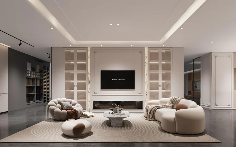 elegant living room with modern built in cabinets cozy seating area marble coffee table and ambient lighting design