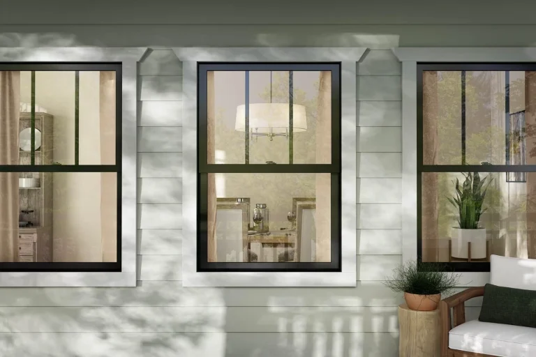 modern black framed hung windows with elegant interior view and outdoor greenery