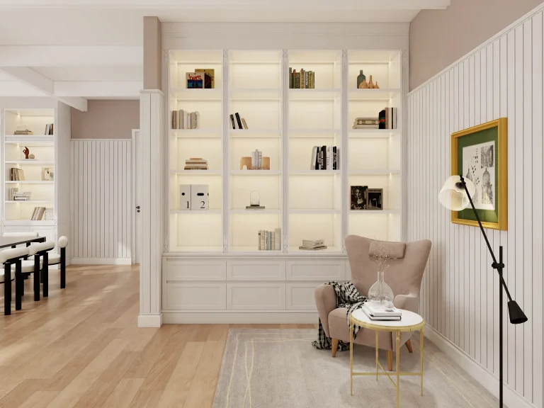modern living room with built in bookshelves cozy armchair stylish lamp and wooden flooring design