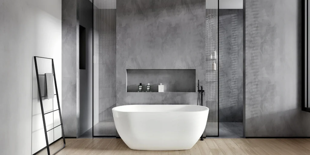 Modern minimalist freestanding bathtub with gray wall optimized