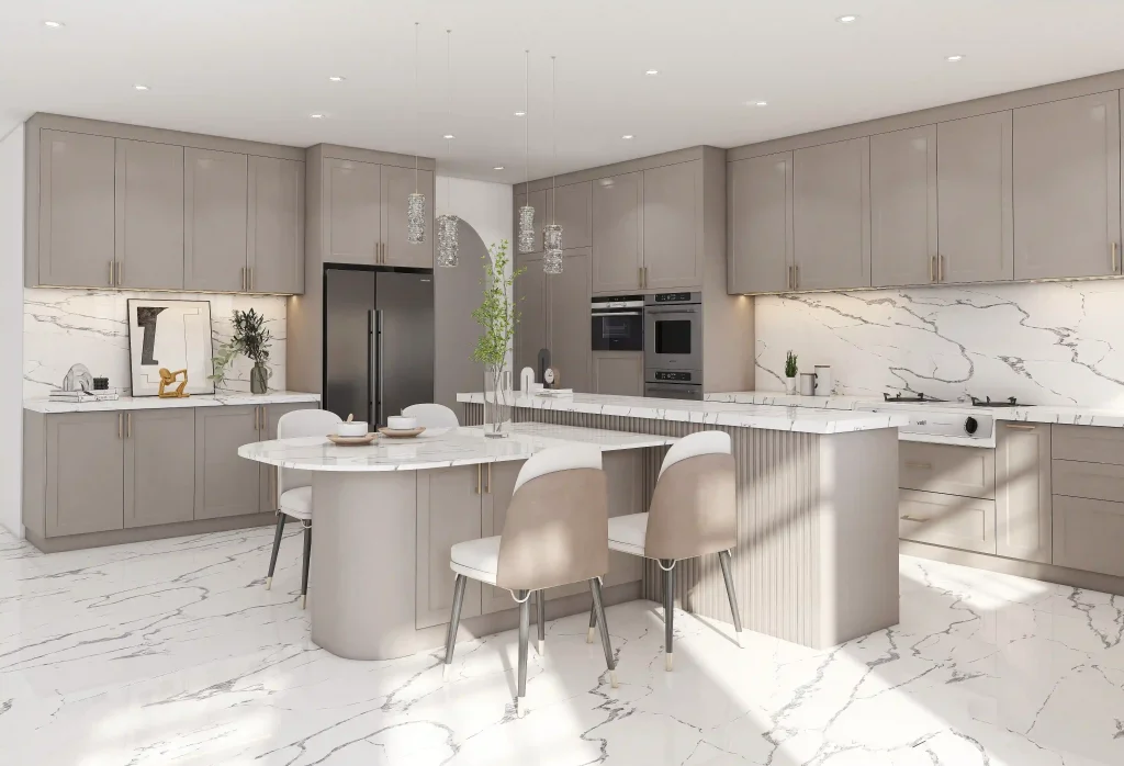Spacious modern dubai kitchen cabinets in taupe with marble countertops and island dining area