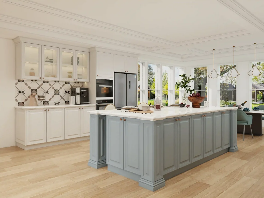 bright kitchen with blue island cabinetry white cabinets marble countertops and large windows