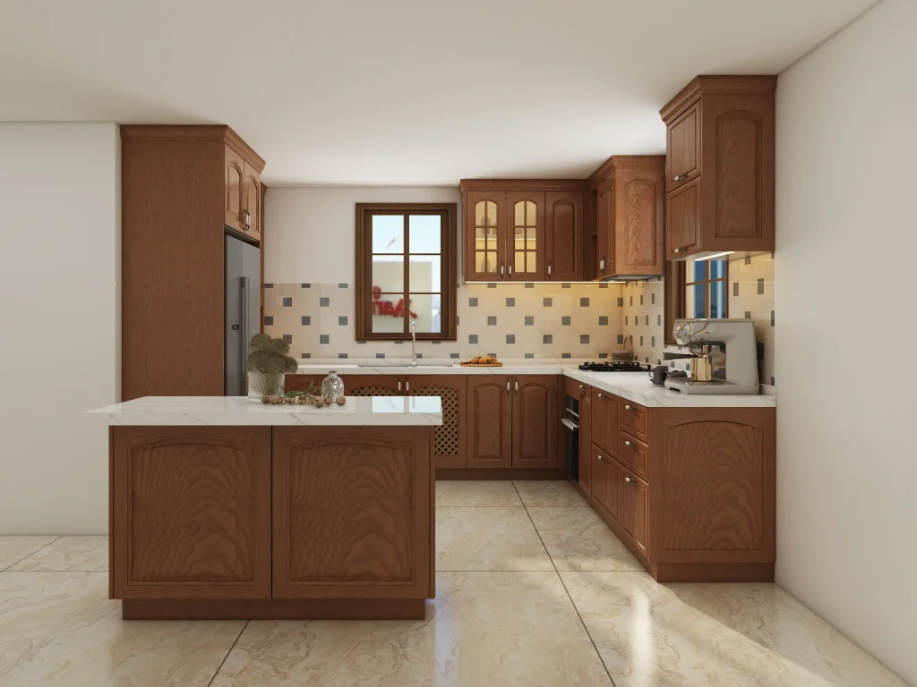 classic kitchen with wooden cabinetry marble countertops and colorful tile backsplash