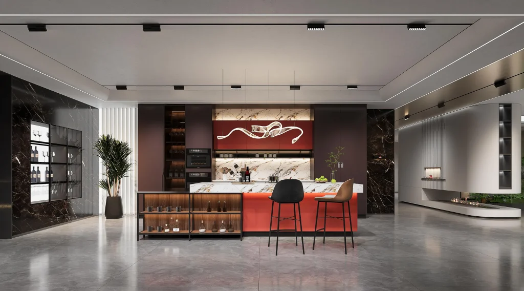 contemporary kitchen cabinets with marble countertops and island modern lighting design and open shelving for wine storage
