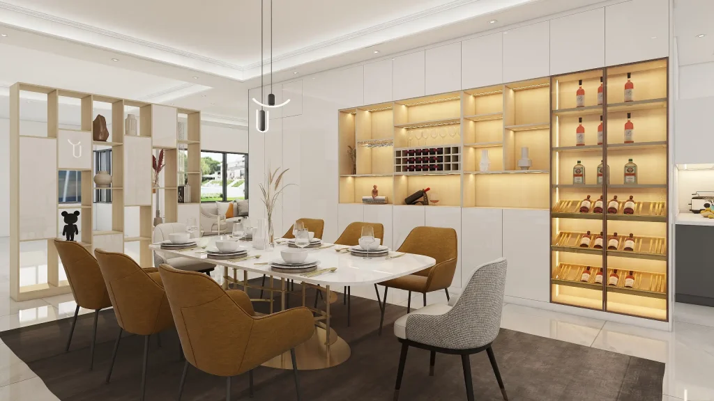 modern dining room with white storage cabinets and wine display shelves contemporary furniture and pendant lighting