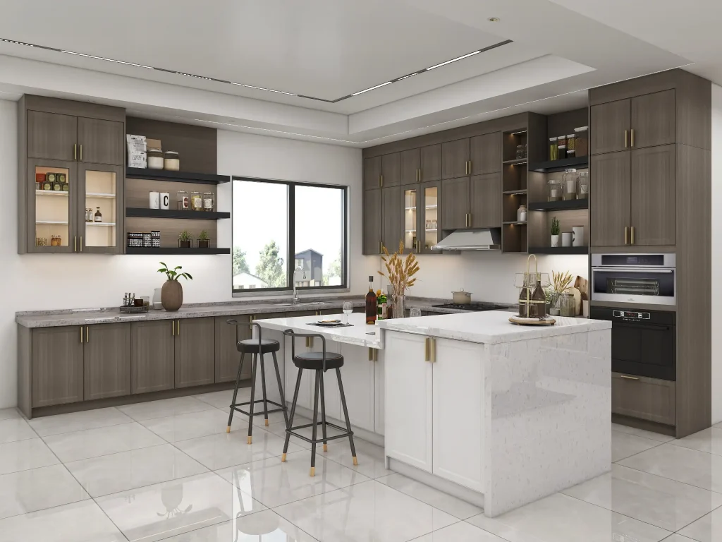 modern kitchen with PVC cabinets marble countertops open shelving and large window view
