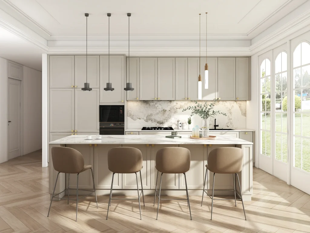 modern kitchen with light gray lacquer cabinetry marble countertops pendant lighting and large windows with outdoor view