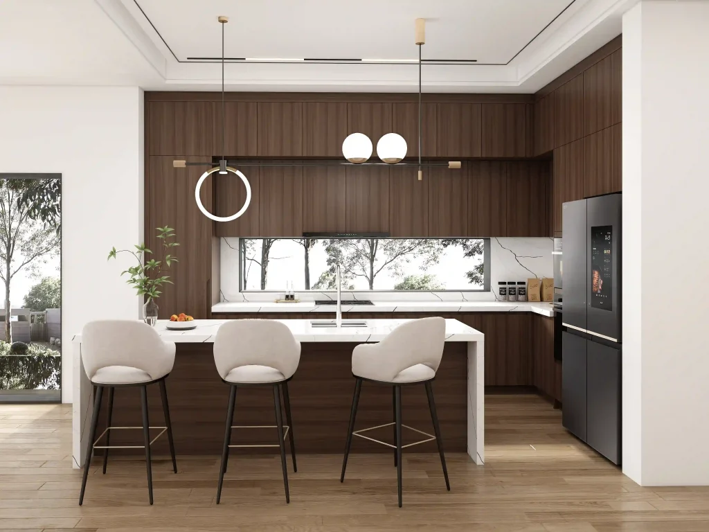 modern kitchen with semi custom cabinets walnut wood finish marble countertops and pendant lighting