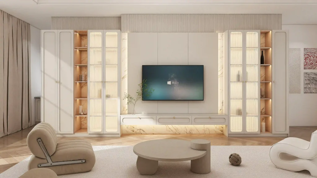 modern living room with white cabinetry marble accents large TV cabinets and contemporary seating