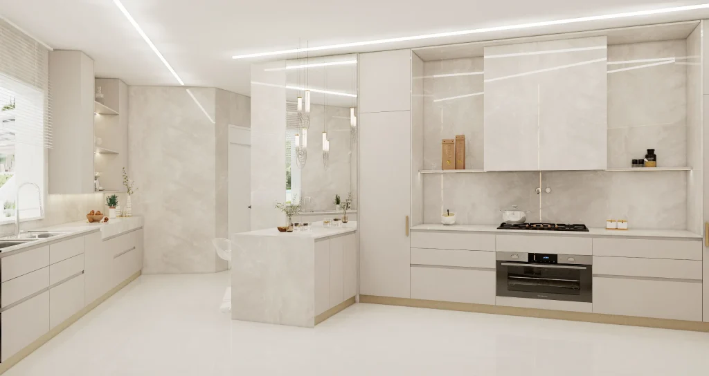 Airy transparency through mirrored accents and light reflective marble walls with greige kitchen cabinets