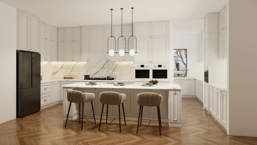 Classic white kitchen with a large island bar seating and a striking marble backsplash