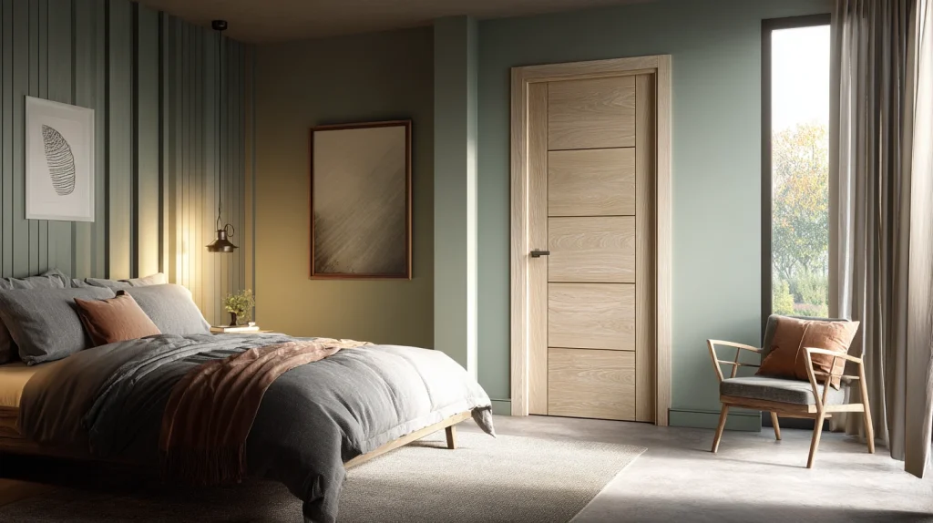 Eco Friendly Door Collections featuring light oak interior door in a calm bedroom with soft green walls and natural light