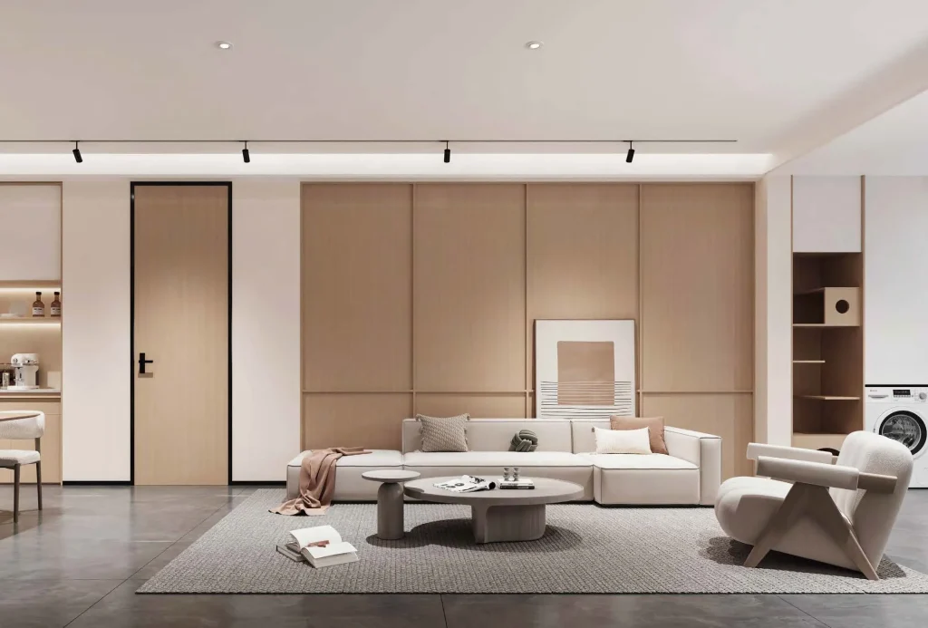 Eco Friendly Door Collections minimal flush door integrated with wall panels in a Scandinavian style living room