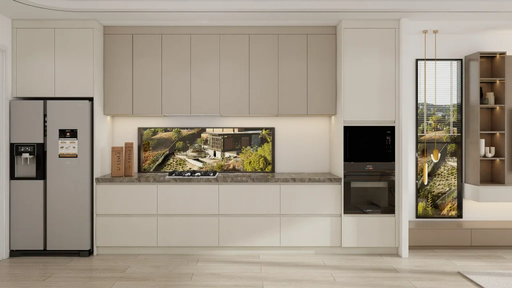 Greige kitchen cabinets with a large refrigerator and integrated oven and microwave