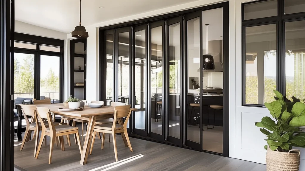 Modern Sliding Doors Bifold Systems with black aluminum frames connecting dining area to open kitchen