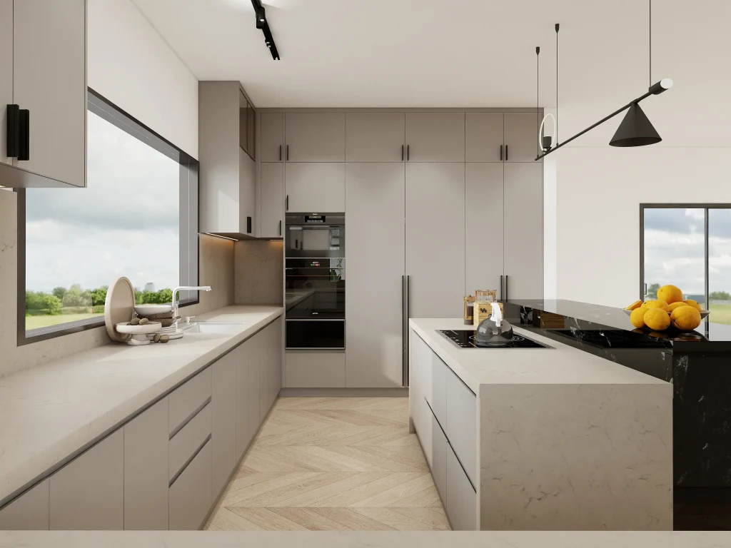 Modern cool beige gray kitchen cabinets black fixtures large windows marble counters black island herringbone wood floor oranges sink oven