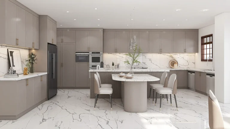 Modern kitchen featuring greige cabinets, a large marble backsplash, and a central oval dining table
