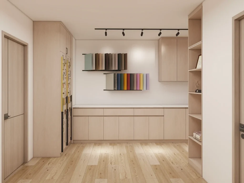 Oak Kitchen Cabinets and shelves in a showroom