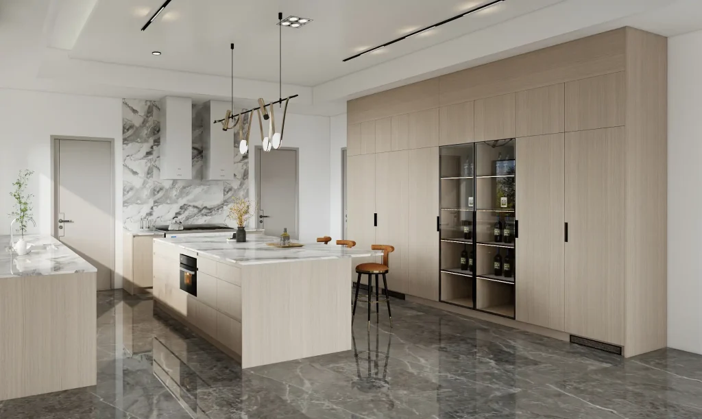 Organic Modern Oak Cabinets with a large island and a marble wall