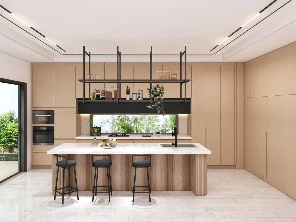 Organic Modern Oak Kitchen with a black overhead rack and large window