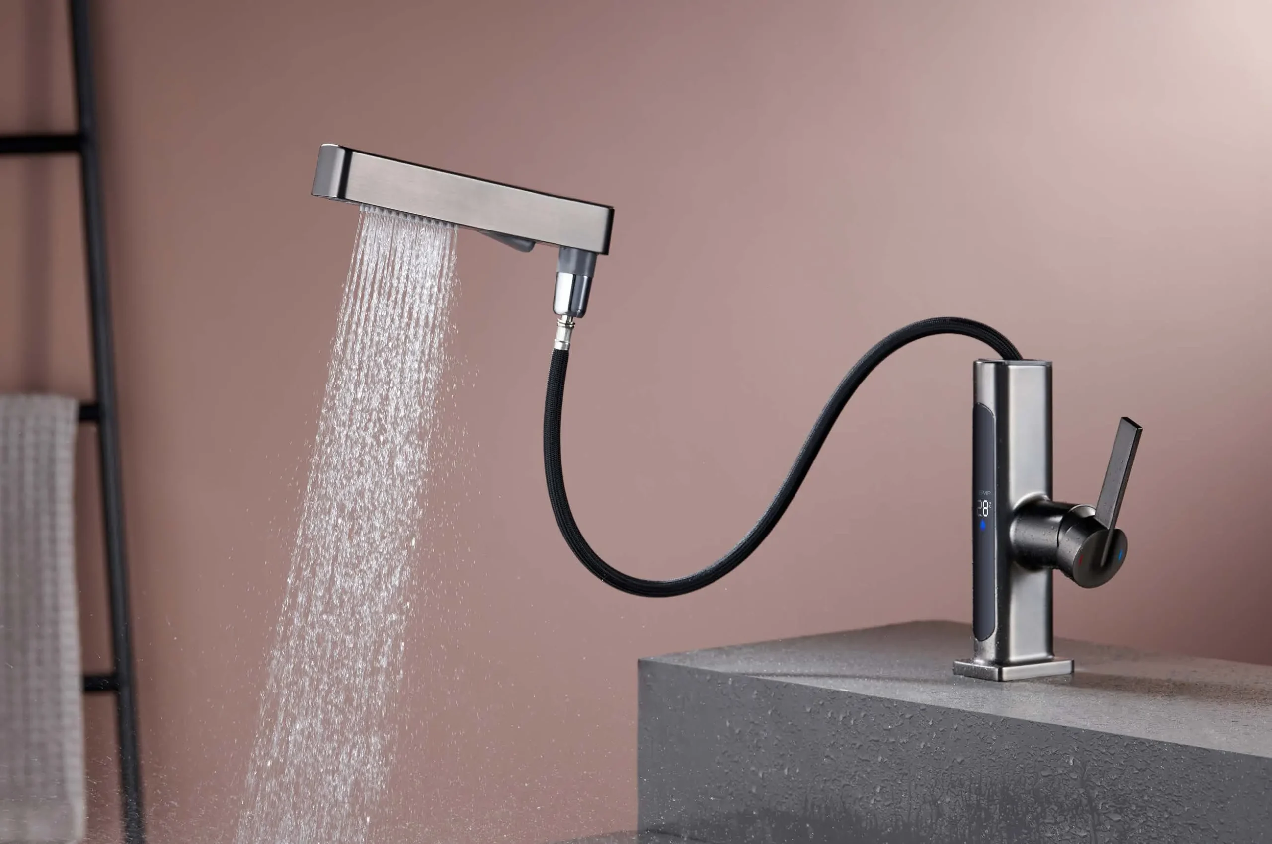 Sleek pull out faucet with digital temperature display and modern design scaled 1