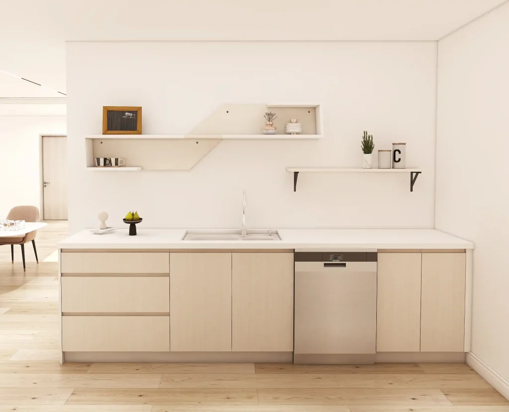Small Kitchens Oak Cabinets with a white countertop and open shelves