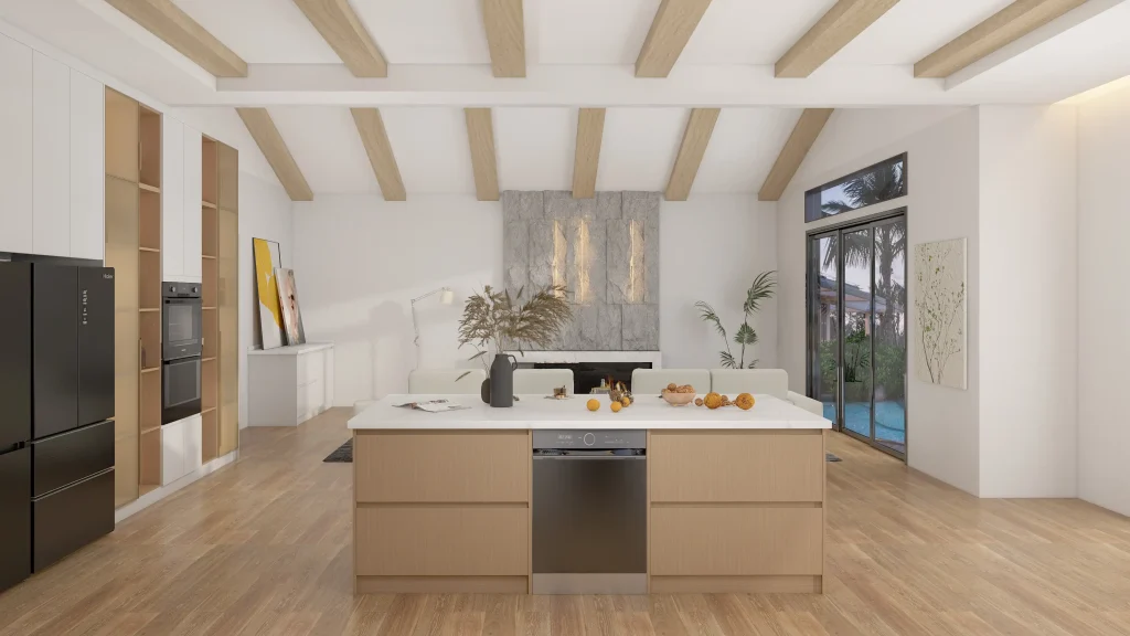 Transitional Oak Kitchen Cabinets and an island