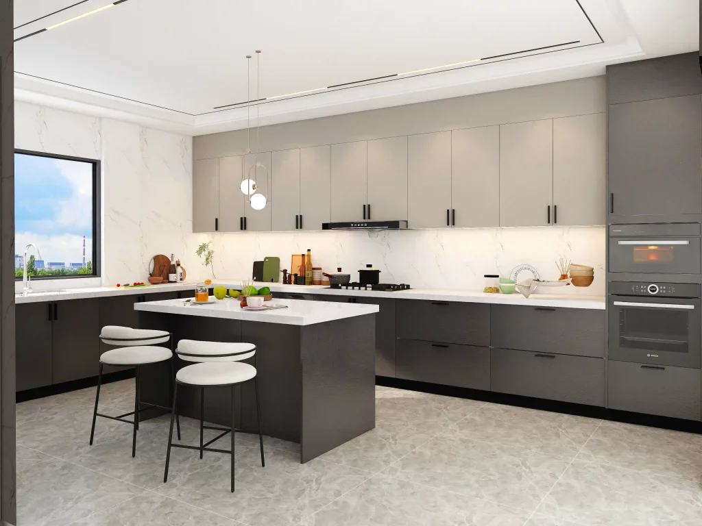Two toned greige and dark gray kitchen cabinets with a white countertop and marble backsplash