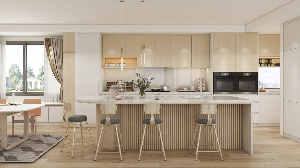 Warm Minimalist Oak Cabinets and an island with fluted details