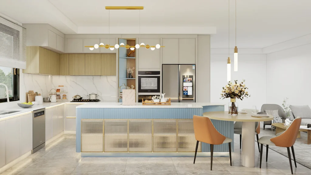 elegance fusing sky blue island accents with fluted glass doors kitchen cabinets