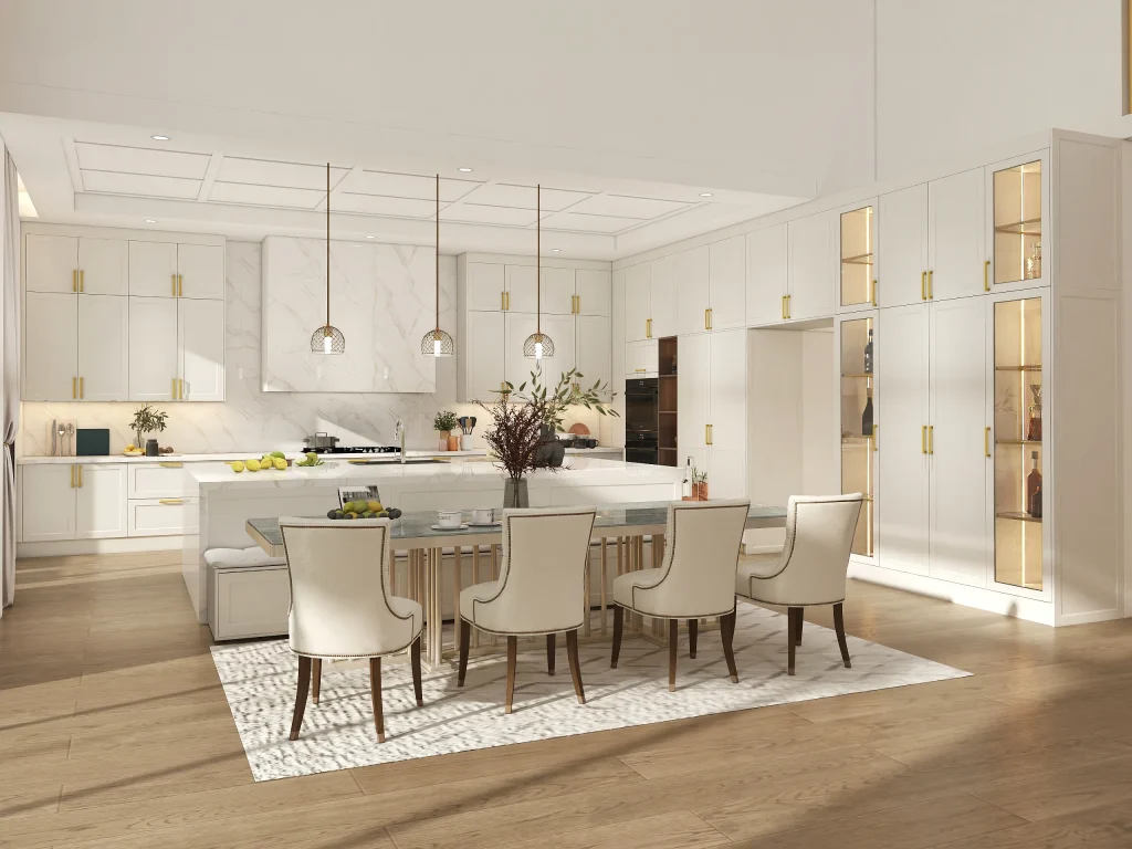 luxurious ambiance with glass front greige kitchen cabinets offering transparency and light flow