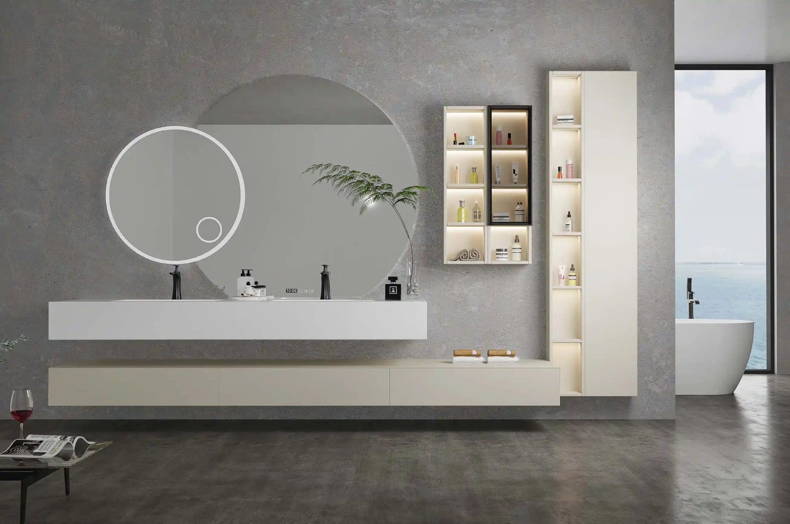 modern bathroom design featuring a sleek vanity with a round mirror LED lighting and elegant shelves displaying sanitary products in a spacious setting with a view of the outdoors scaled