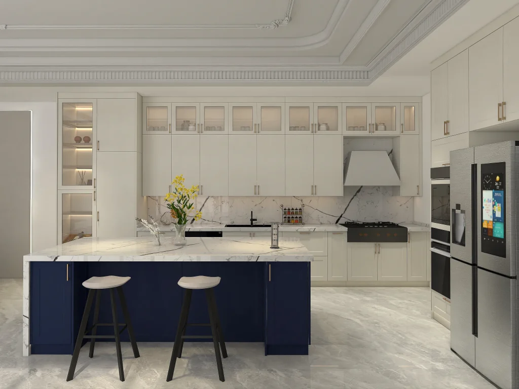 soft greige cabinets with deep navy island accents