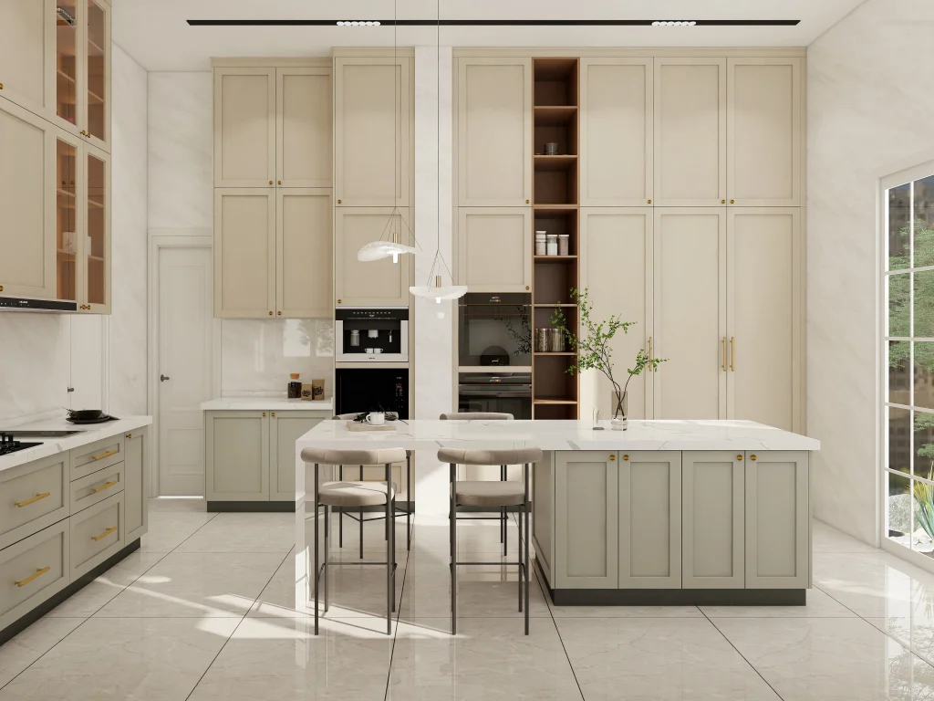 Airy high ceilinged expanse amplifying light and volume with mixed greige cabinet tones blending soft beiges and grays for layered warmth