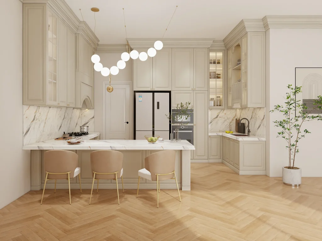 Airy high ceilings amplifying modern Shaker cabinetry with glass doors for light transparency