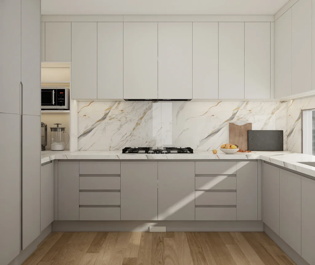 Cozy compact kitchen exuding sleek minimalism with greige lower cabinets paired against crisp white uppers for airy contrast