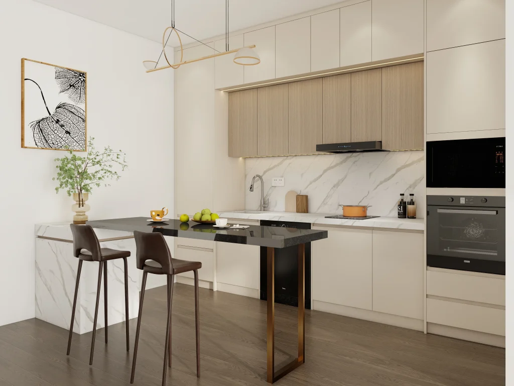 Cozy compact kitchen maximizing space with wall mounted cabinets in greige tones