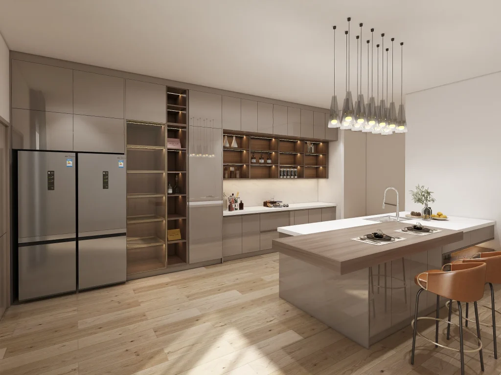 Glossy lacquer greige kitchen cabinets in steady greige tones reflect light intensely