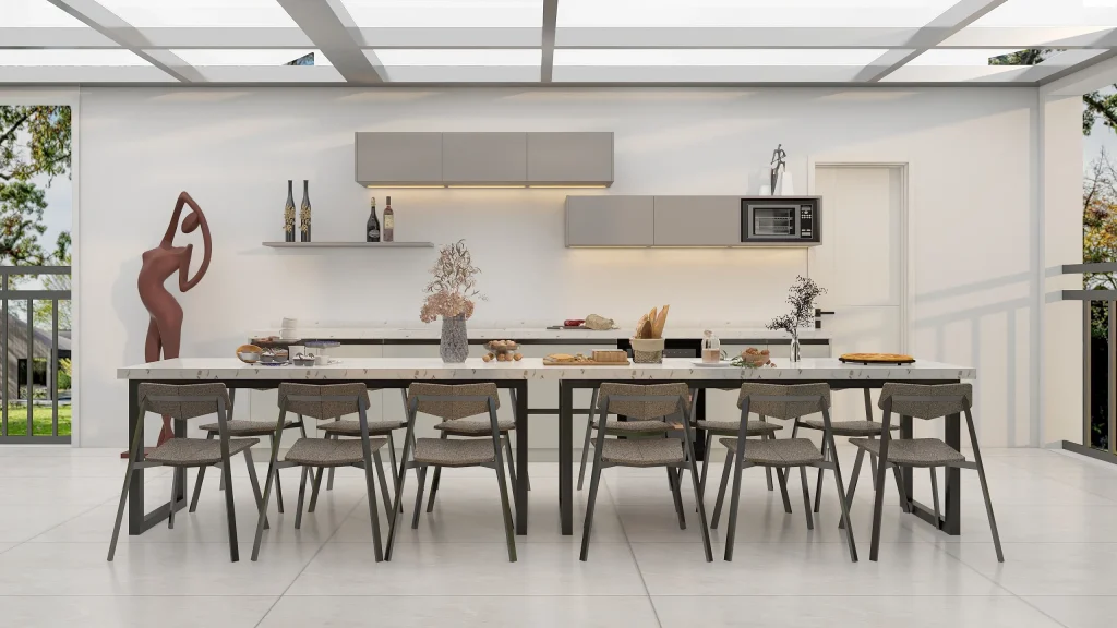 Sleek open kitchen with floating upper cabinets showcasing bottles and decor