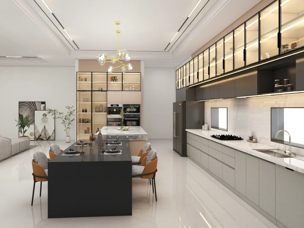 Spacious open kitchen exuding luxury through greige base cabinets paired with bold black island and gold accents