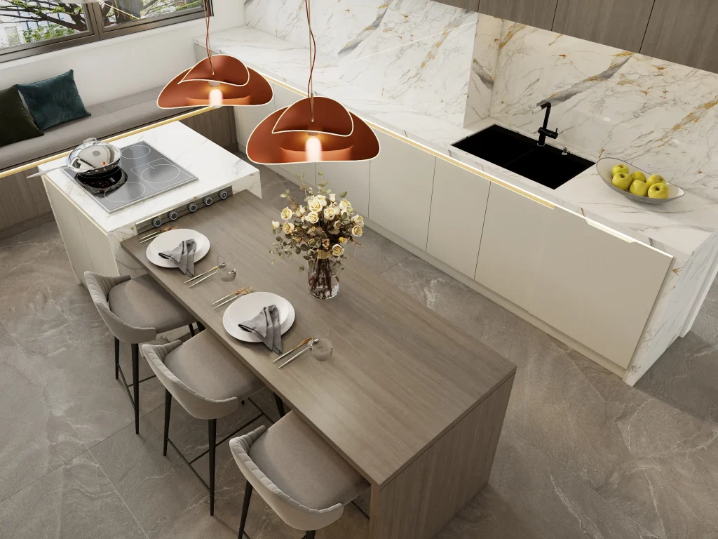 Steady natural vibe blending greige kitchen cabinet with warm wood textures for grounded elegance