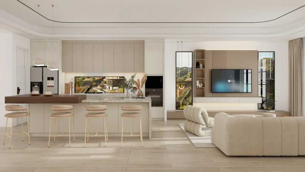 Warm ambiance blending two greige shades lighter kitchen cabinets with deeper accents