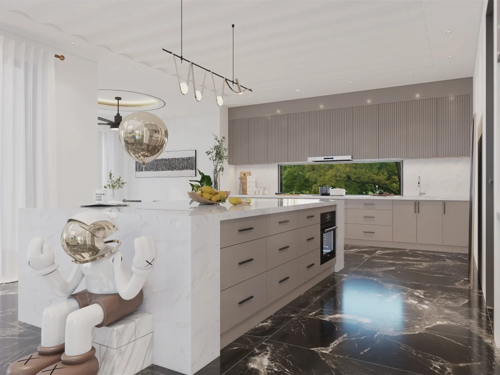 modern vibe with multifunctional kitchen cabinets island doubling as prep storage and display hub loaded drawers and integrated oven maximize utility