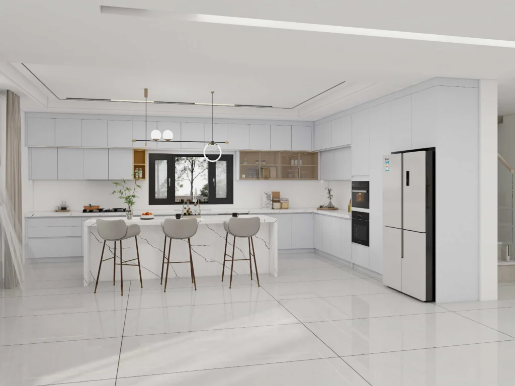 A minimalist white kitchen cabinet with hidden handles and clean flat panels in a bright modern home.