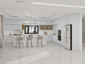 A minimalist white kitchen cabinet with hidden handles and clean flat panels in a bright modern home.