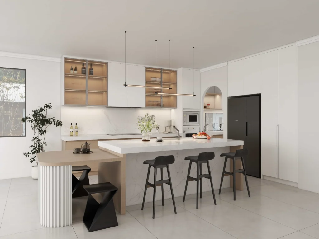 Textured white kitchen cabinet paired with wood and frosted glass to create depth and warmth.