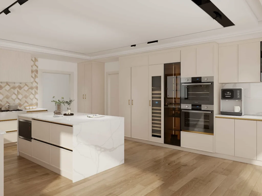 Warm white kitchen cabinet with brass handles, light marble countertop, and soft lighting.
